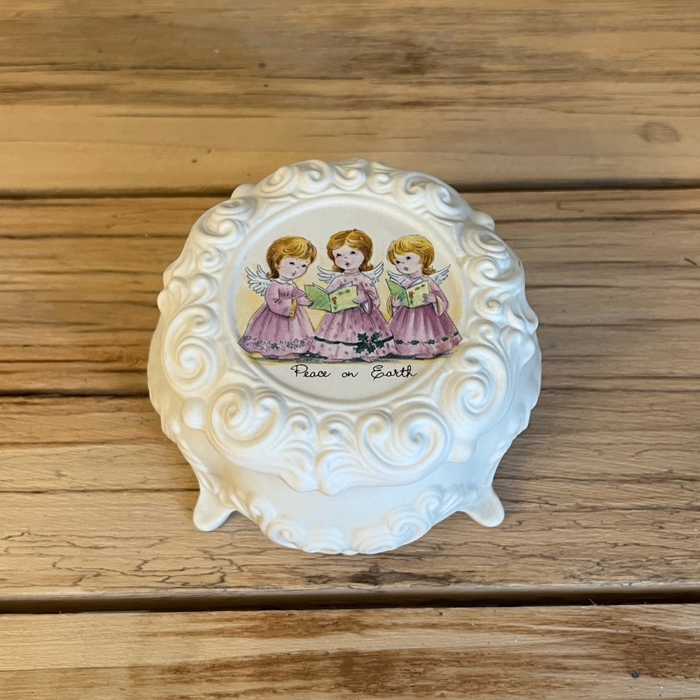 Porcelain Footed Trinket Jar With Three Girl Angels On Lid
